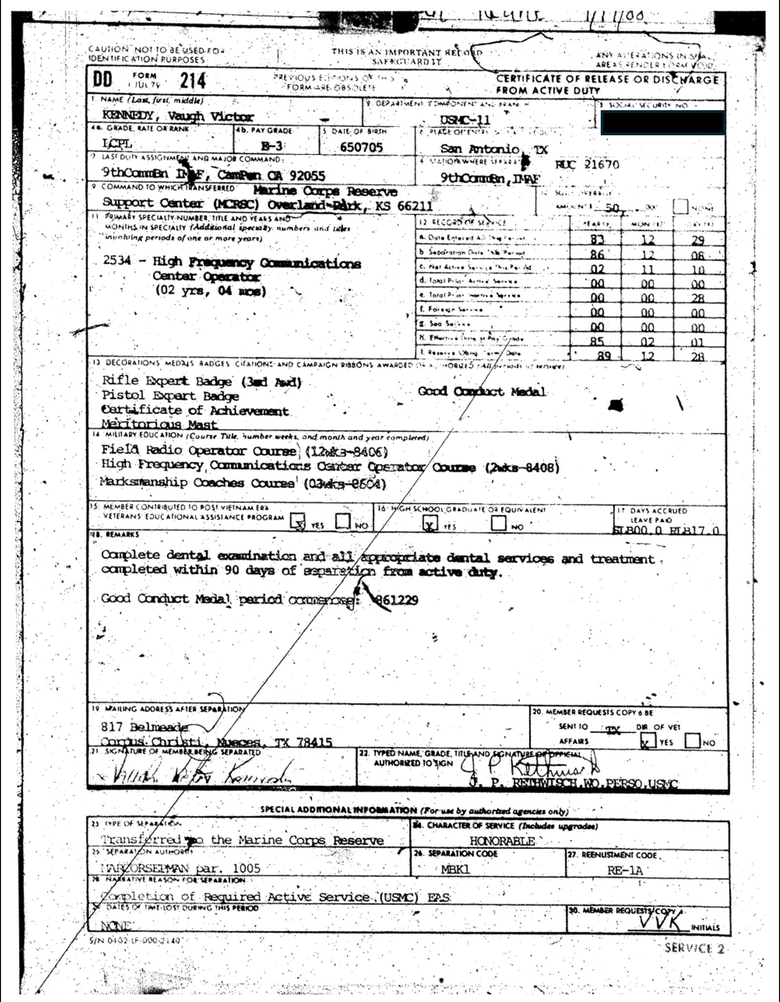 Victor Marx honorable military discharge document
