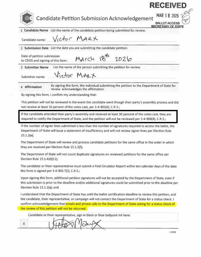 Victor Marx Candidate Petition Submission Acknowledgement